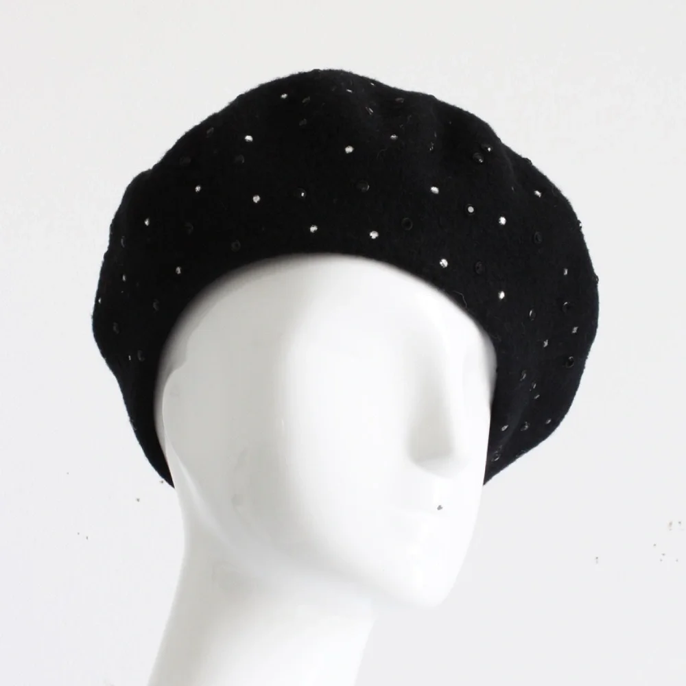 Norma Kamali OMO Hat Beret Black Wool Embellished Rare Retro Vintage 80s